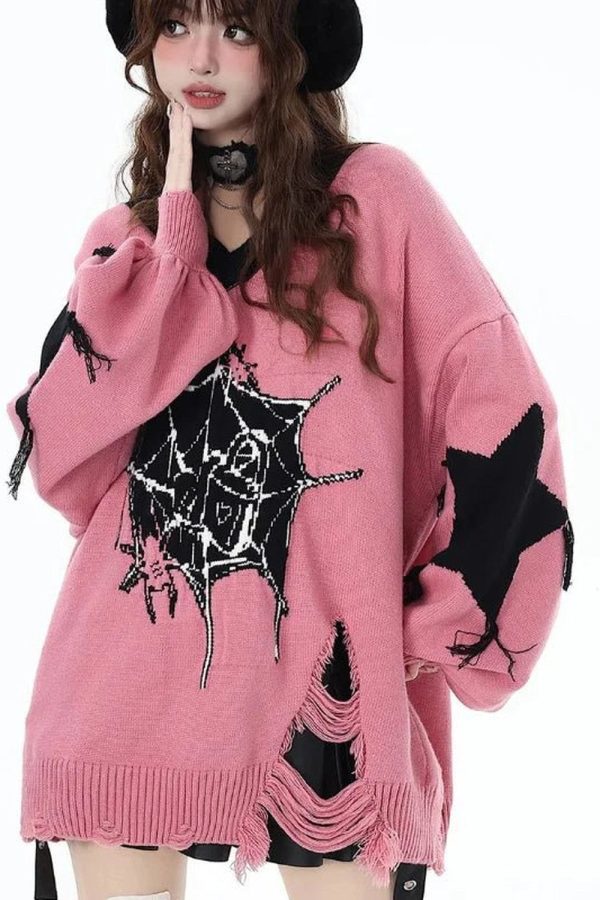 Y2K Pink Gothic Web Sweater - Cute Grunge Aesthetic Knit Top