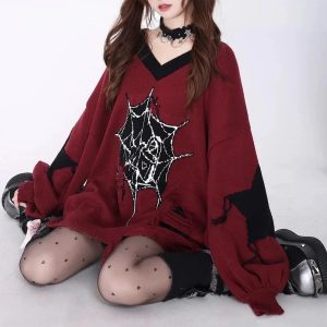 Y2K Pink Gothic Web Sweater - Cute Grunge Aesthetic Knit Top