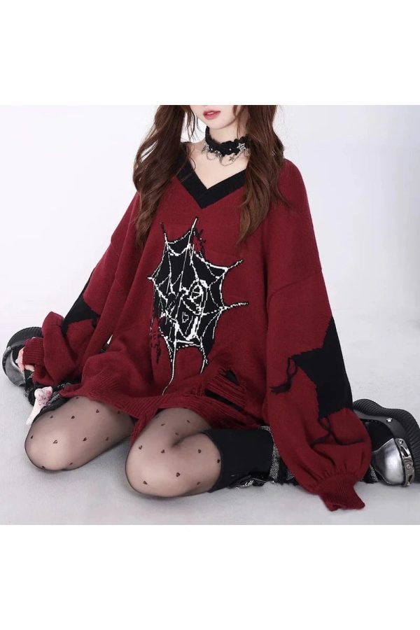 Y2K Pink Gothic Web Sweater - Cute Grunge Aesthetic Knit Top