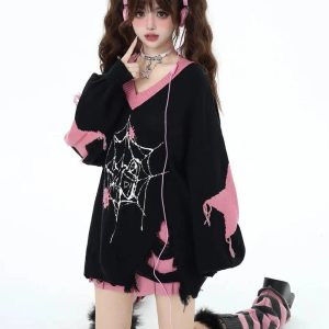 Y2K Pink Gothic Web Sweater - Cute Grunge Aesthetic Knit Top