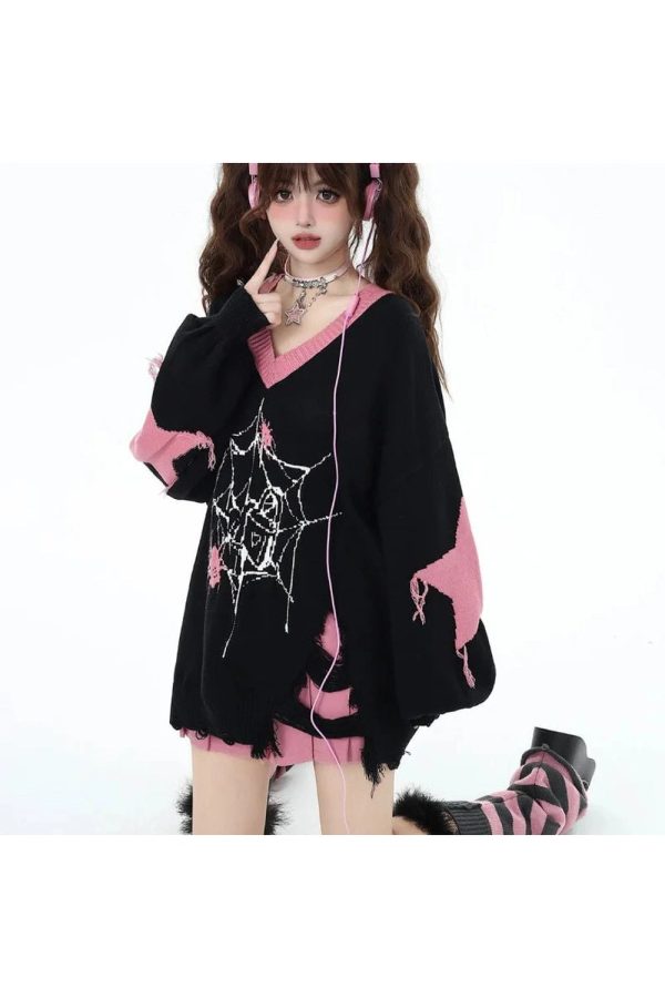 Y2K Pink Gothic Web Sweater - Cute Grunge Aesthetic Knit Top