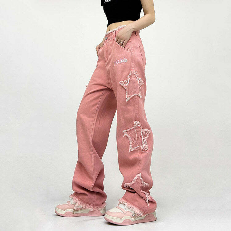 Y2K Pink Star Jeans - Trendy Grunge Aesthetic with a Cute Touch