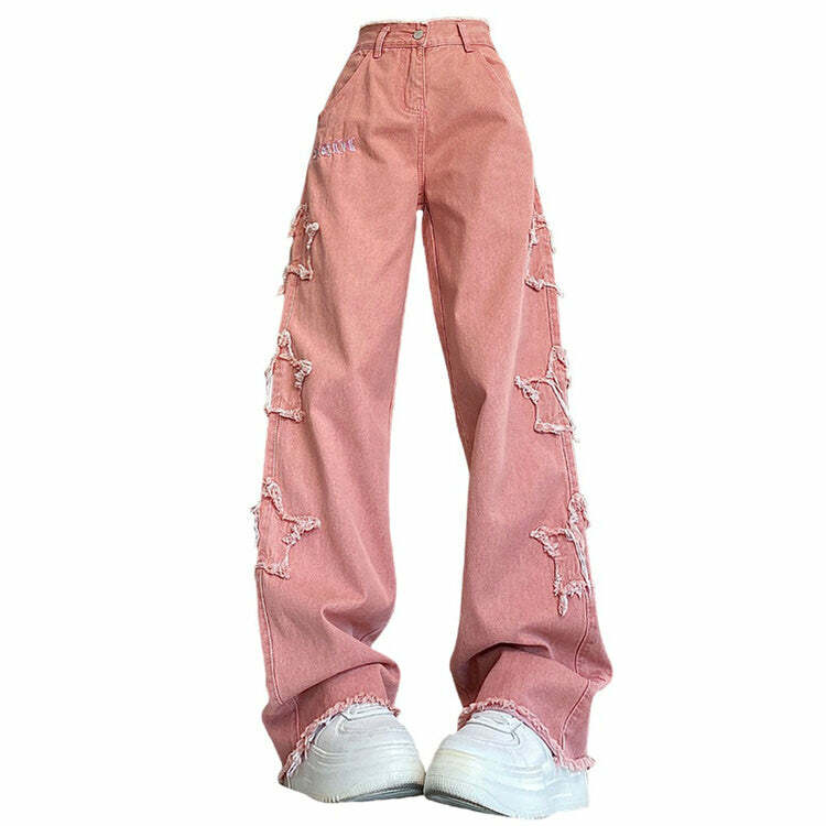 Y2K Pink Star Jeans - Trendy Grunge Aesthetic with a Cute Touch