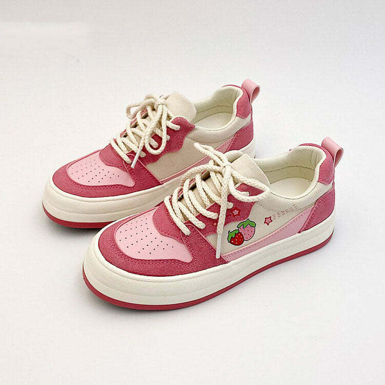 Y2K Pink Strawberry Sneakers for Cute Aesthetic Outfits & Comfy Style