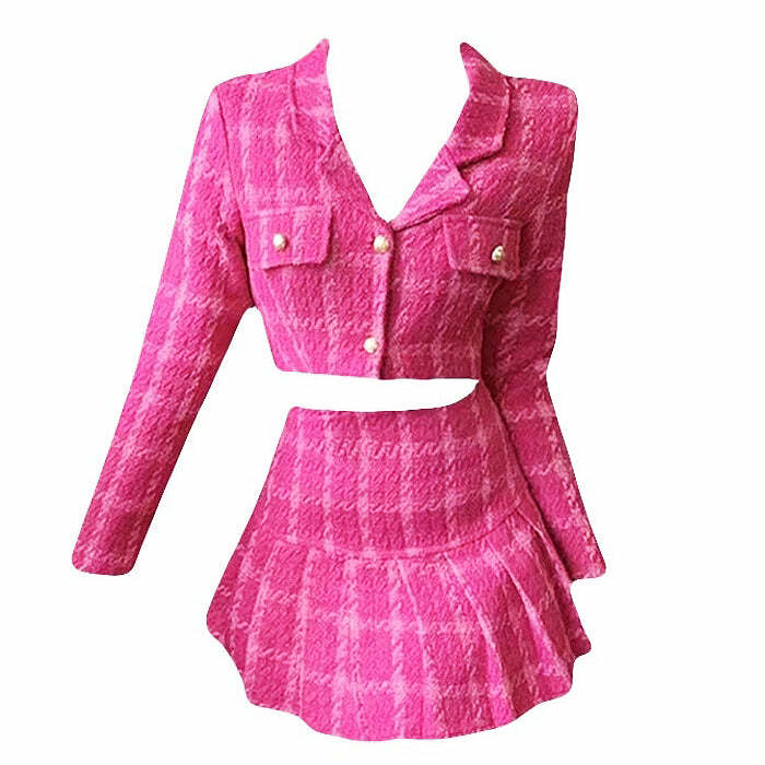 Y2K Pink Tweed Co-Ord Set: Chic Jacket & Skirt for Coquette Aesthetic