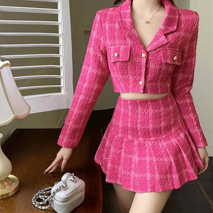 Y2K Pink Tweed Co-Ord Set: Chic Jacket & Skirt for Coquette Aesthetic