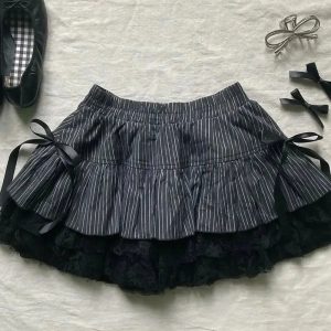 Y2K Pinstripe Lace Ruffle Skirt for Coquette Aesthetic Outfits