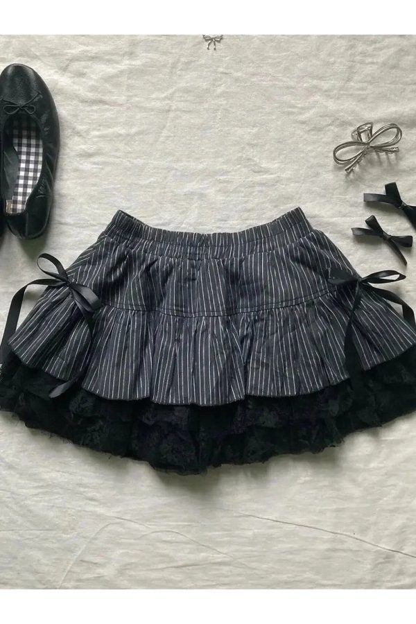 Y2K Pinstripe Lace Ruffle Skirt for Coquette Aesthetic Outfits