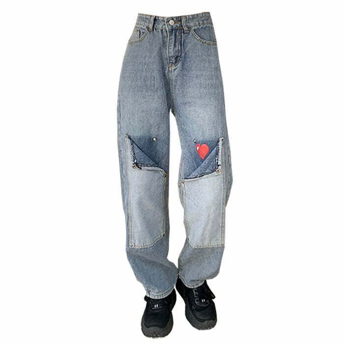 Y2K Pixel Heart Wide Leg Jeans for Trendy Aesthetic Outfits