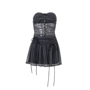 Y2K Plaid Mesh Strapless Skirt Set for Coquette and Grunge Aesthetics