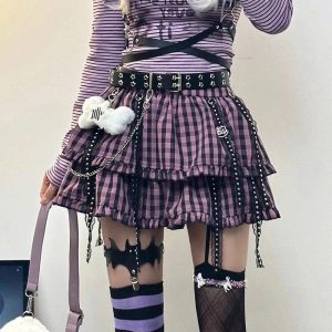 Y2K Plaid Punk Chain Skirt - Grunge Aesthetic & Coquette Style Fusion