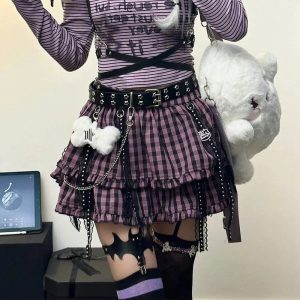 Y2K Plaid Punk Chain Skirt - Grunge Aesthetic & Coquette Style Fusion