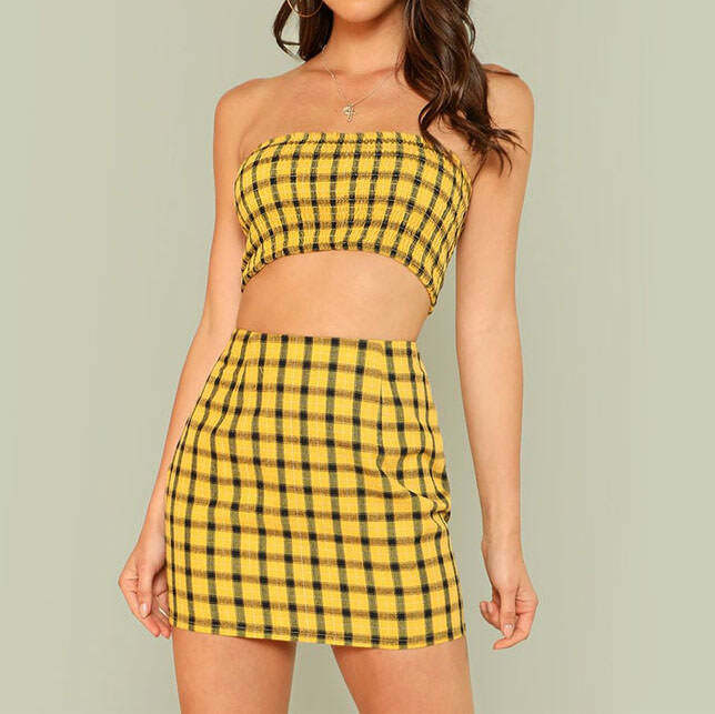 Y2K Plaid Top & Skirt Set for Coquette Aesthetic Outfits