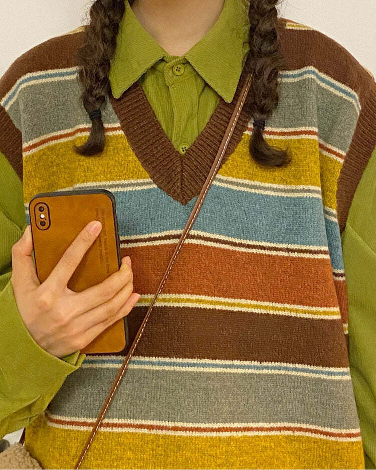 Y2K Preppy Striped Knit Vest for Aesthetic Outfits and Cozy Style