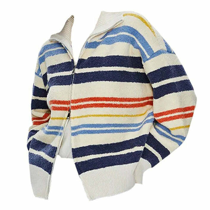 Y2K Preppy Striped Zip-Up Long Sleeve Top for Aesthetic Outfits