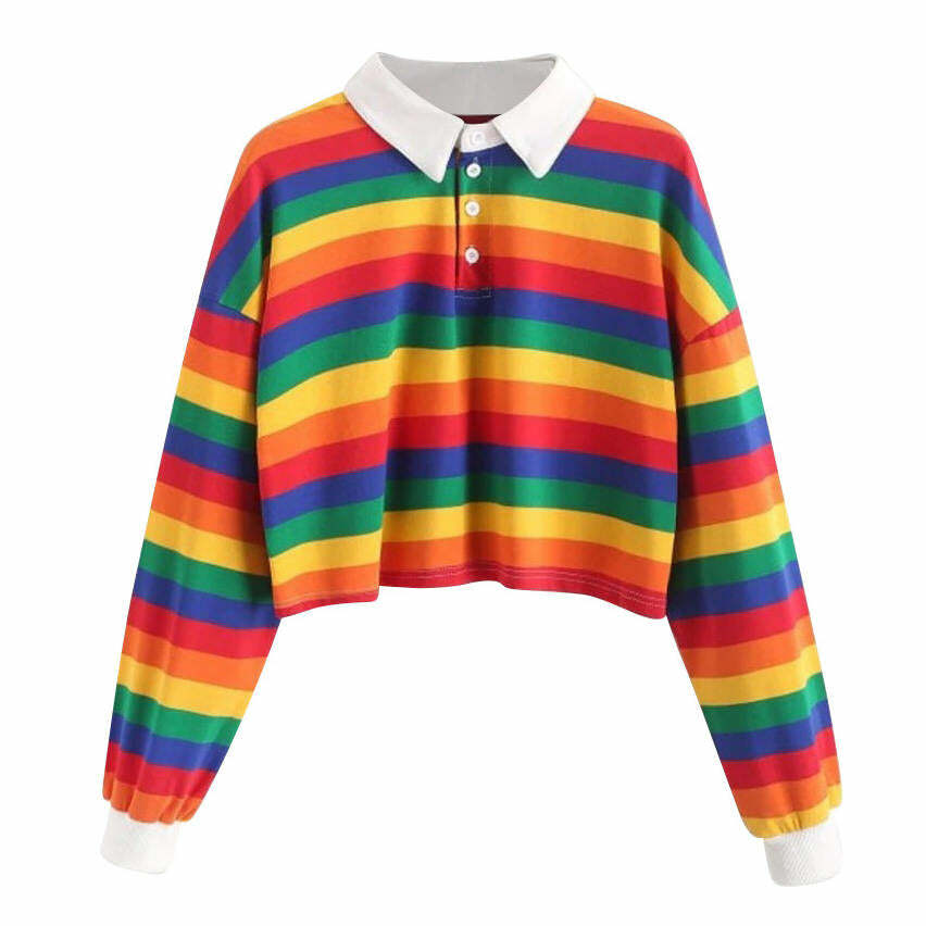 Y2K Rainbow Collared Top - Cute Aesthetic for Coquette & Grunge Styles