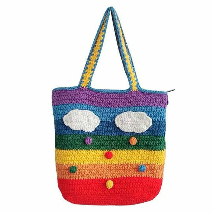 Y2K Rainbow Knitted Tote Bag - Cute Aesthetic Accessory for Every Outfit