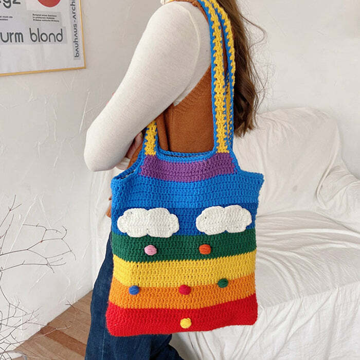 Y2K Rainbow Knitted Tote Bag - Cute Aesthetic Accessory for Every Outfit