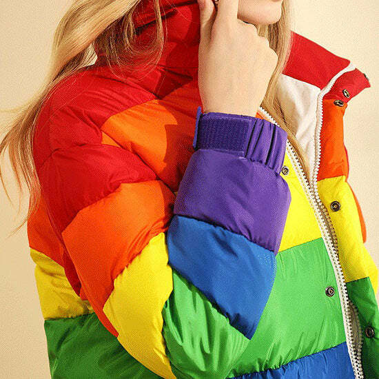 Y2K Rainbow Puffer Jacket for Cozy Aesthetic Outfits and Grunge Style