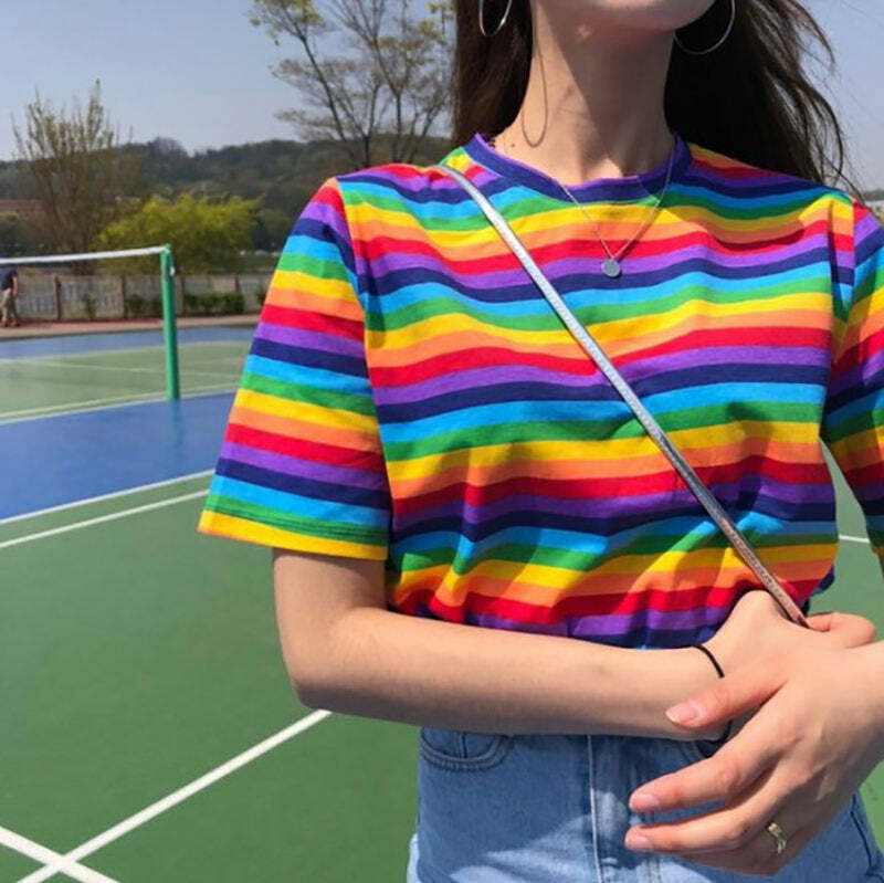 Y2K Rainbow Tee: Cute Pastel Aesthetic Top for Trendy Outfits