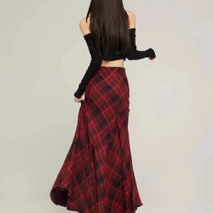 Y2K Red Plaid Mermaid Maxi Skirt for Coquette and Grunge Aesthetic