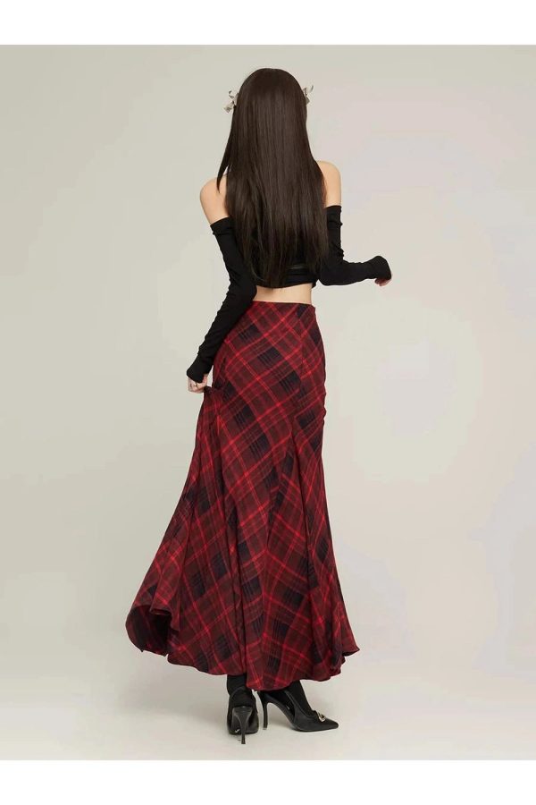 Y2K Red Plaid Mermaid Maxi Skirt for Coquette and Grunge Aesthetic