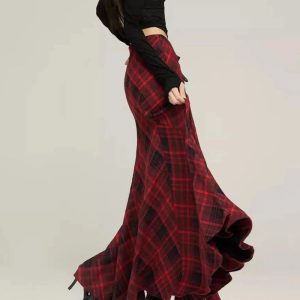 Y2K Red Plaid Mermaid Maxi Skirt for Coquette and Grunge Aesthetic