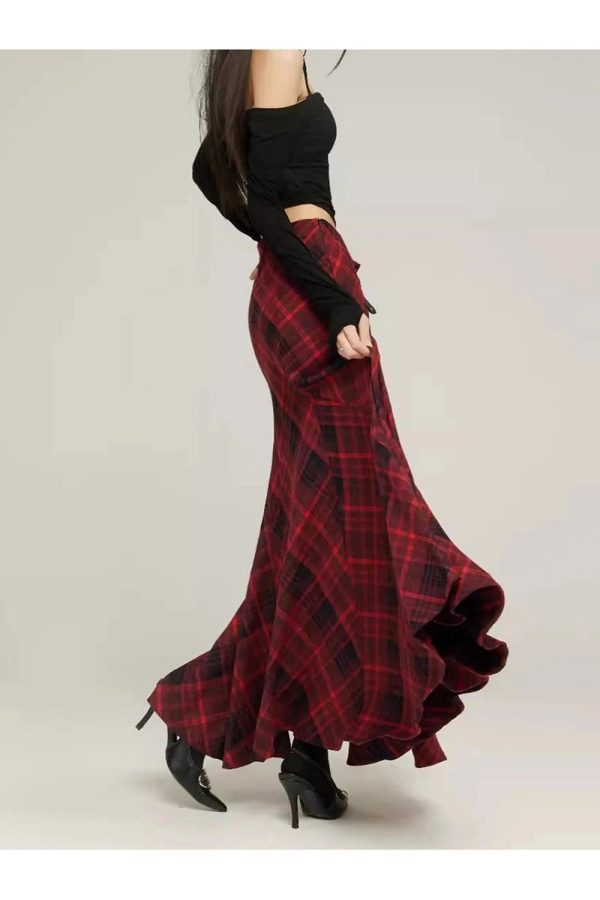 Y2K Red Plaid Mermaid Maxi Skirt for Coquette and Grunge Aesthetic