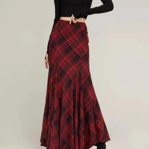 Y2K Red Plaid Mermaid Maxi Skirt for Coquette and Grunge Aesthetic