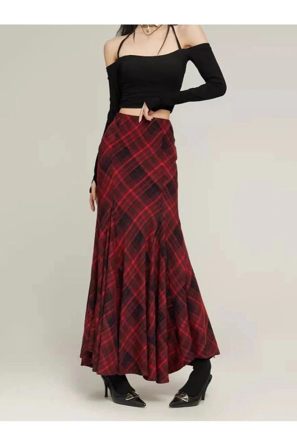 Y2K Red Plaid Mermaid Maxi Skirt for Coquette and Grunge Aesthetic