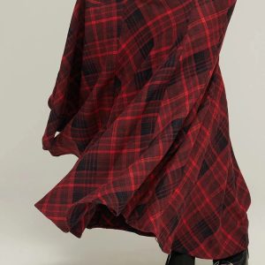 Y2K Red Plaid Mermaid Maxi Skirt for Coquette and Grunge Aesthetic