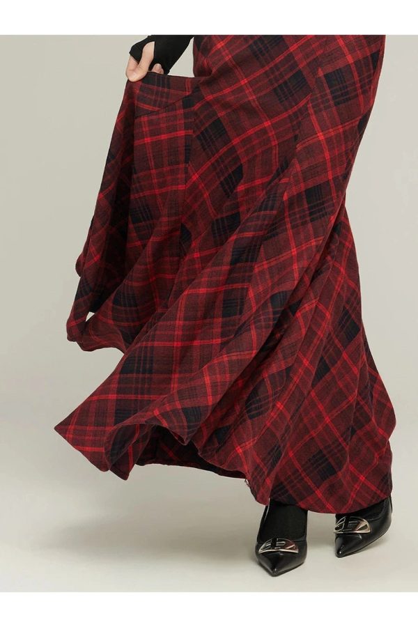 Y2K Red Plaid Mermaid Maxi Skirt for Coquette and Grunge Aesthetic