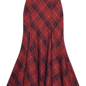 Y2K Red Plaid Mermaid Maxi Skirt for Coquette and Grunge Aesthetic