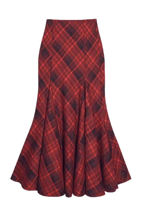 Y2K Red Plaid Mermaid Maxi Skirt for Coquette and Grunge Aesthetic