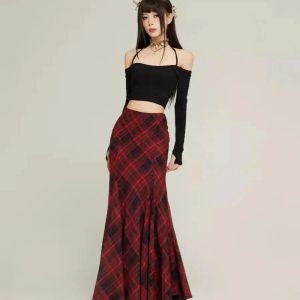 Y2K Red Plaid Mermaid Maxi Skirt for Coquette and Grunge Aesthetic