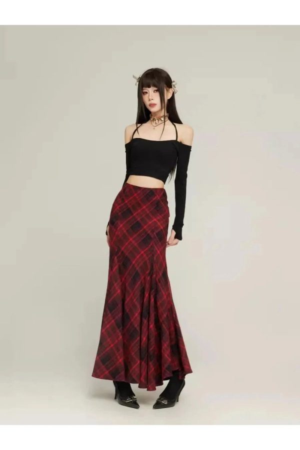 Y2K Red Plaid Mermaid Maxi Skirt for Coquette and Grunge Aesthetic