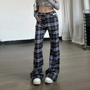 Y2K Retro Plaid Flare Pants for Trendy Aesthetic Outfits