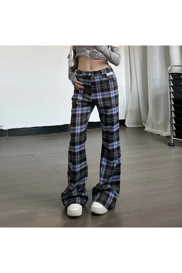 Y2K Retro Plaid Flare Pants for Trendy Aesthetic Outfits