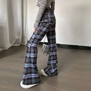 Y2K Retro Plaid Flare Pants for Trendy Aesthetic Outfits