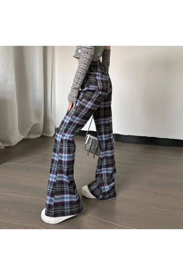 Y2K Retro Plaid Flare Pants for Trendy Aesthetic Outfits