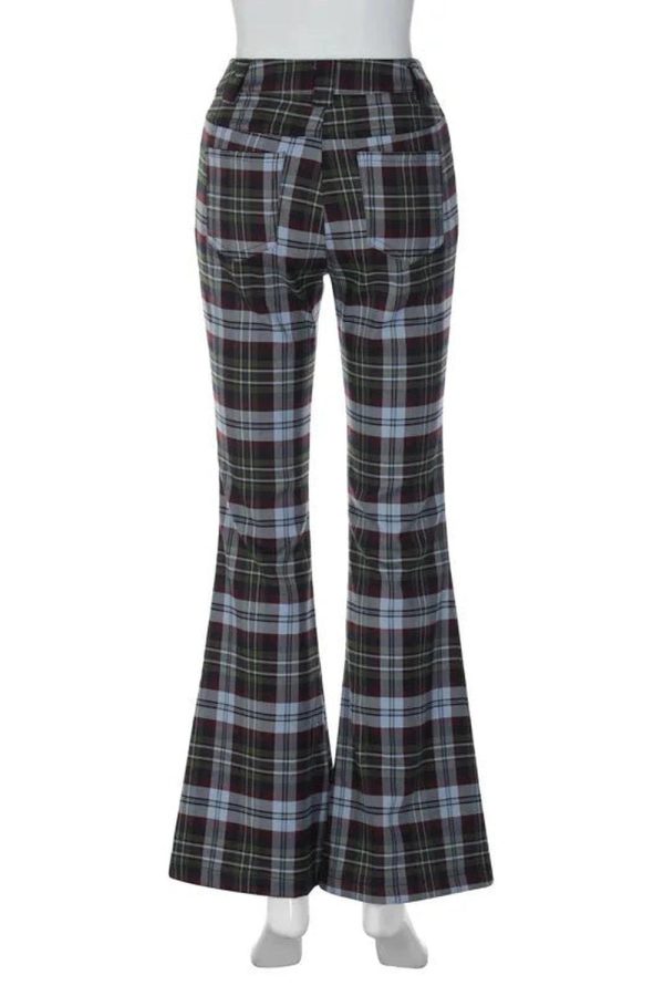 Y2K Retro Plaid Flare Pants for Trendy Aesthetic Outfits