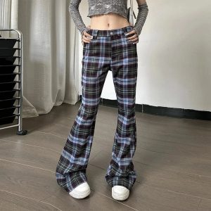 Y2K Retro Plaid Flare Pants for Trendy Aesthetic Outfits