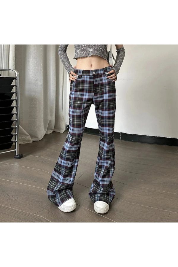 Y2K Retro Plaid Flare Pants for Trendy Aesthetic Outfits