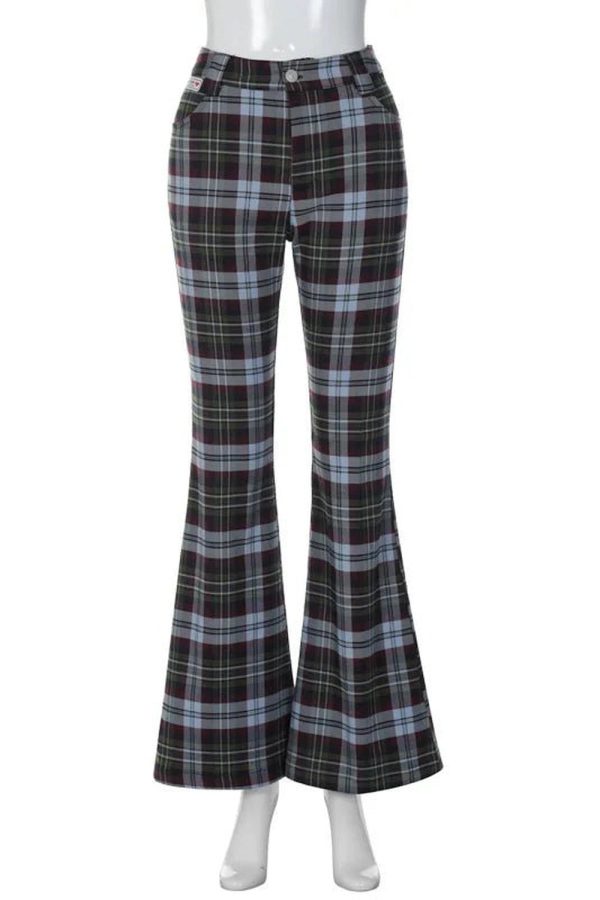 Y2K Retro Plaid Flare Pants for Trendy Aesthetic Outfits