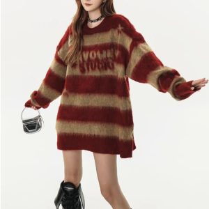 Y2K Retro Rebel Striped Sweater - Cute Aesthetic Top for Grunge Style