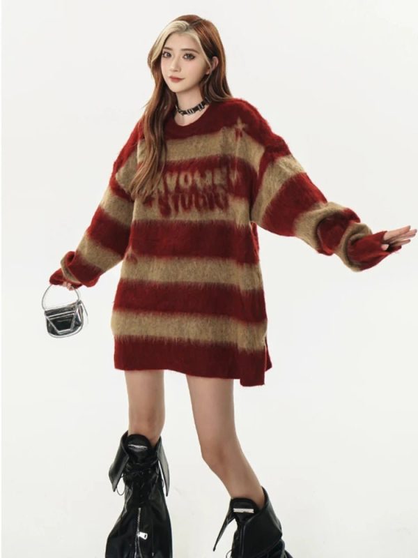 Y2K Retro Rebel Striped Sweater - Cute Aesthetic Top for Grunge Style