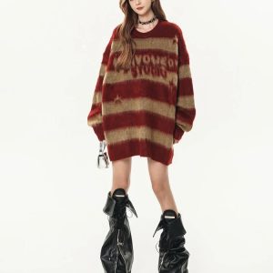 Y2K Retro Rebel Striped Sweater - Cute Aesthetic Top for Grunge Style