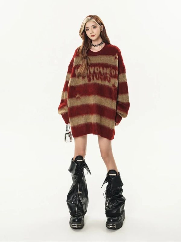 Y2K Retro Rebel Striped Sweater - Cute Aesthetic Top for Grunge Style