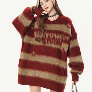 Y2K Retro Rebel Striped Sweater - Cute Aesthetic Top for Grunge Style