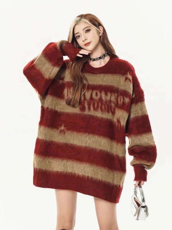 Y2K Retro Rebel Striped Sweater - Cute Aesthetic Top for Grunge Style